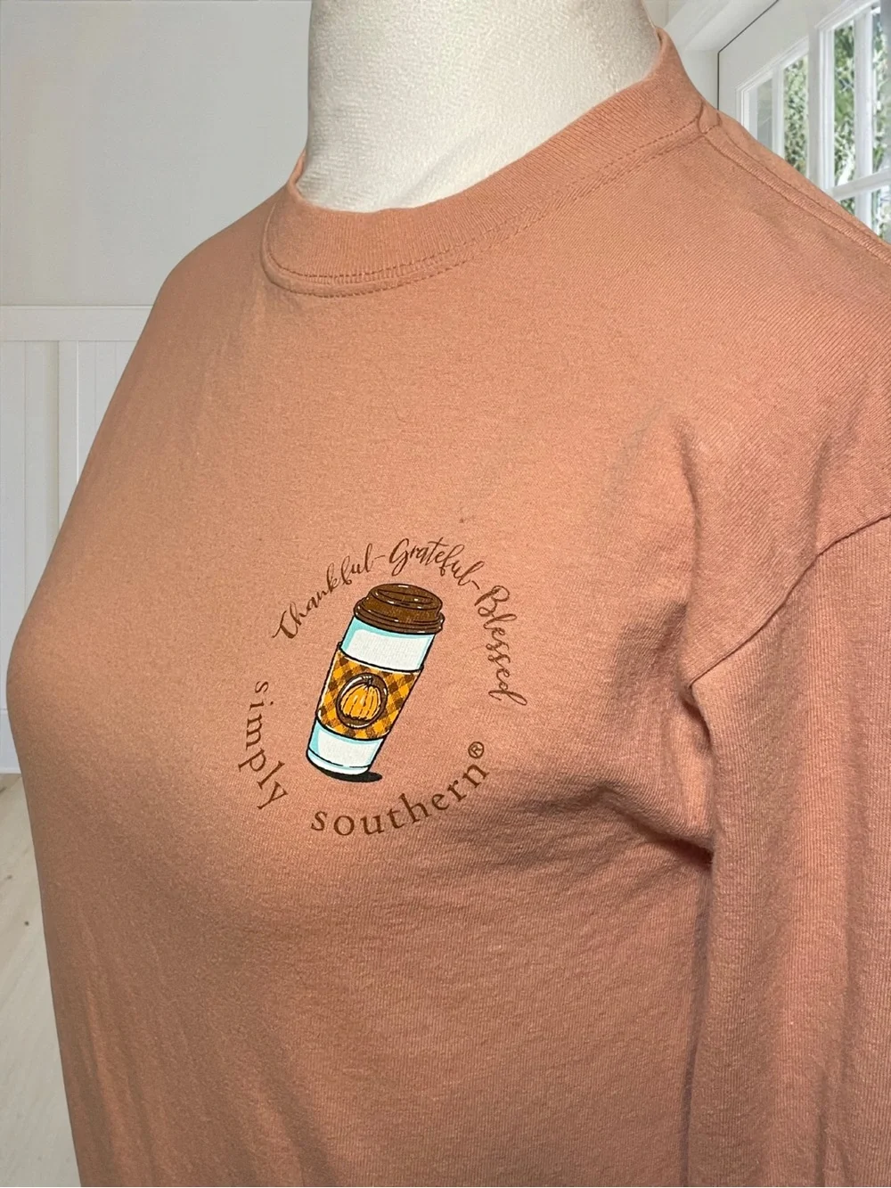 SIMPLY SOUTHERN Women’s Small Long Sleeve T-Shirt Thankful Pumpkin Fall Peach - Picture 3 of 9